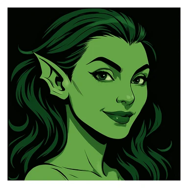 Edit the image to turn Marrina Smallwood's face more toward the camera with a slight smile, maintaining her aquatic features, green skin, and confident expression. The style should be suitable for a profile picture, preserving the original look and feel. sticker