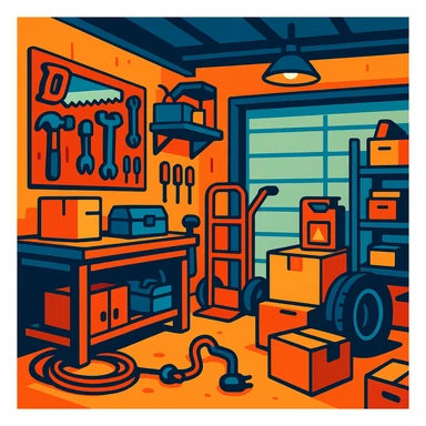cluttered garage with tools and boxes, cartoon style sticker