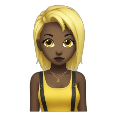 cute punk girl in yellow dress dark skin with yellow eyes and dark curvy hairs drummer anime style sticker