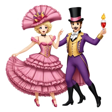 Cinematic Realistic scene of two performers executing a high‑energy Can‑Can, adorned in elaborate French cabaret costumes with frilly layers and dynamic movement, illuminated by vibrant stage lighting sticker