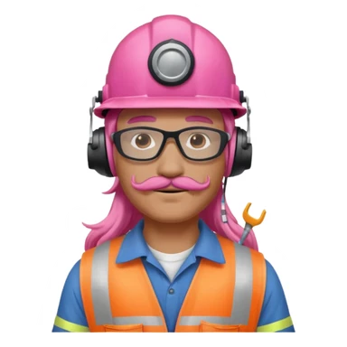 construction worker with long pink hair and ppe headphones and mustache sticker