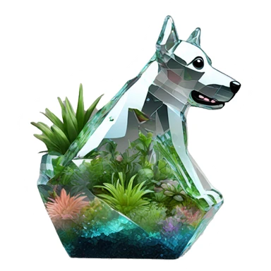A dog made of glass mirror crystals prisms glass transparent filled with plants as a terrarium with graffiti doodles sticker