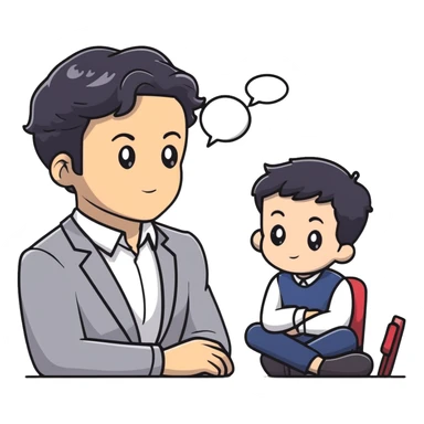 Management educator with black wavy hair, stubble, strong features, white skin, smart casual attire, sitting with a young professional, providing career guidance and mentorship, thoughtful listening expression sticker