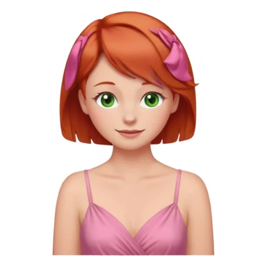 Face with short red hair, green eyes, tucking her hair behind her ear, blushing rosy cheeks and smiling looking down at her pink dress sticker