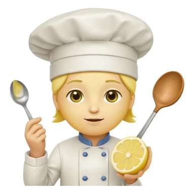 A lemon in a chef hat holding a tiny spoon.
































 sticker