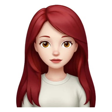 woman, pale skin, long straight dark red hair with layers, brown eyes, white top, apple emoji style sticker