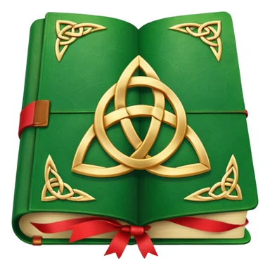 a green closed book with a golden triquetra on it with a red ribbon between the paged sticker