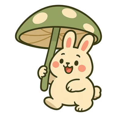 chubby bunny holding a mushroom umbrella, pastel beige and moss green, pastel toon style sticker