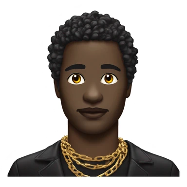 Black man with dark Makeup aroud the eyes. lipgloss on his lips. Disco hair. Perl chains around his neck. sticker