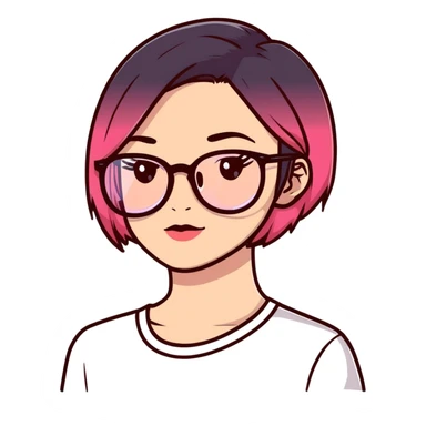 woman with gradient hair from dark to pink with glasses, brown roots, brown eyebrow, flirting sticker