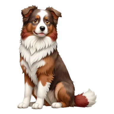 cinematic-[australian shepherd dog]-realistic-full-body-sitting-emoji,-tail-resting-loosely-beside-its-paws,-head-tilted-dramatically,-scruffy-[white faced and red merle]-fur,-simplified-yet-realistic-focused-features,-highly-detailed,-glowing-with-an-almost-sarcastic-glow sticker