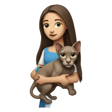 A girl with blue eyes and long brown hair holds a gray sphinx in her arms sticker