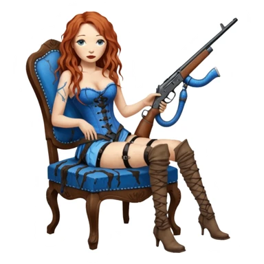 realistic cinematic Tori Amos sits on a rocking chair in a torn corset, holding an antique rifle and her bare feet are muddy. A blue snake is wrapped around the chair. sticker