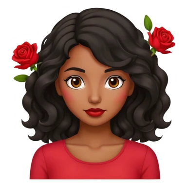 Olive brown eyed women with black wavy hair rose background red top sticker