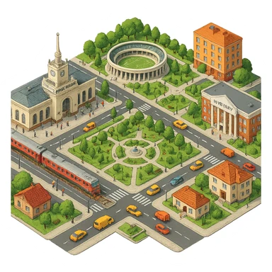 Изометричная миниатюрная фотореалистичная 3D модель панорамы Краснодара - вокзал Краснодар, КубГМУ, парк Краснодар со стадионом, краснодарские дома, автотранспорт четкие линии, яркие цвета, мультяшный реализм, люди, автотранспорт, компактная композиция, вид сверху в изометрии, прозрачный фон sticker