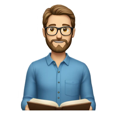 Caucasian man reading book. Brown hair, glasses, and a beard. Blue eyes and wearing a long sleeved shirt sticker