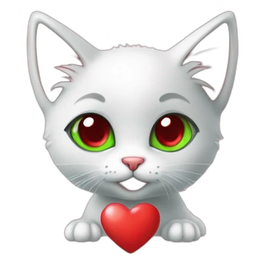 Super cute kitten with green anime eyes holding red hearts sticker