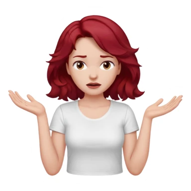 woman shrugging, eyes closed, white t-shirt, dark red hair sticker
