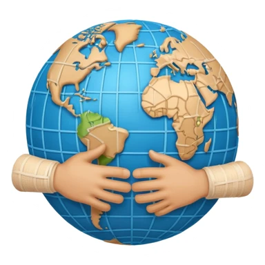 Generate an emoji of two hands shaking in front of a globe. Have a bandage wrap around the globe in the background. sticker