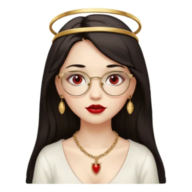 Angel girl with eyeglasses and long dark hair with red lipstick  and push gold necklaces and dark eyes sticker