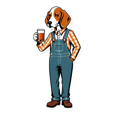 Hound dog in tangerine and white checkered overalls drinking whiskey sticker