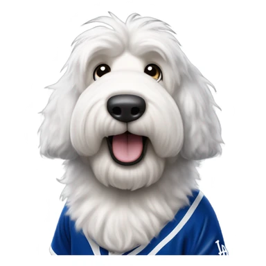Old English Sheepdog full height wearing a Los Angeles dodgers baseball jersey sticker