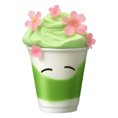 Matcha and ￼fluffy foam in plastic cup decorated with flower petals  sticker