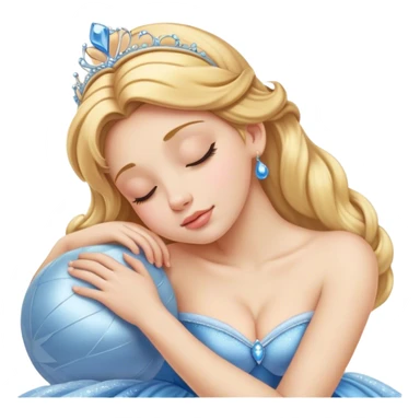 Cinematic Realistic Sleeping Cinderella Portrait, portrayed with exceptional realism: her luminous porcelain skin and exquisitely detailed golden-blonde hair lie softly under the gentle caress of natural light. Her eyes are peacefully closed in a serene, dreamlike slumber, and every fold and shimmer of her iconic ball gown is rendered with painstaking detail. The overall composition radiates a quiet, enchanting glow that encapsulates the timeless, restful beauty of a princess lost in a gentle, magical dream. sticker