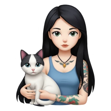 girl with long atraigh black hair and tattoos and a white cat sticker