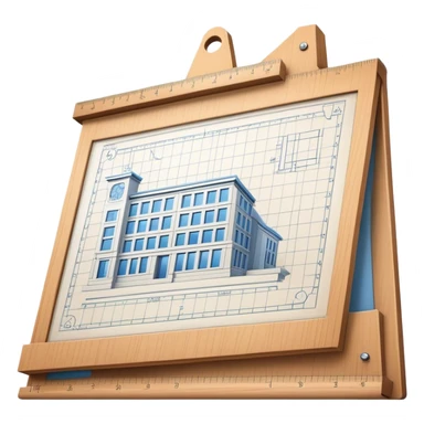 Sleek icon for Architecture: engineer's drawing board with building blueprints, 3D model of the building out of board, ruler and protractor. Transparent background. sticker