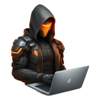  developer behind his laptop with this style : crysis Cyberpunk Valorant orange glowing bright orange character orange black hooded assassin themed character sticker
