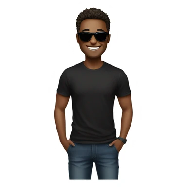 A man with short, tousled hair wearing sunglasses and a black t-shirt with a graphic design, smiling at the camera in a well-lit indoor setting. sticker