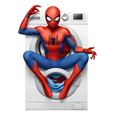 Die-cut sticker of Spider-Man sitting on a washing machine, bold vector art, thick white border, isolated on white background.with 4k resolution sticker
