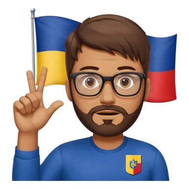 A brown-haired man with a designer stubble beard and rectangle glasses. He shrugs in a "I don't know" gesture, In the background the Romania flag. sticker