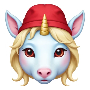unicorn face cute wearing cute red hat, horn piercing through the hat looking in the camera, blond hair and spectacled sticker