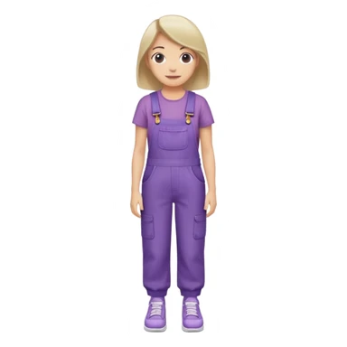 A woman emoji wearing purple overalls, with a neutral or slight smile, simple design, and casual style with white shoes sticker