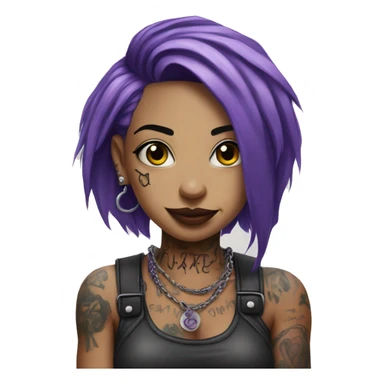 Woman with lots of tattoos abd piercings, wearing a metal band shirt, purple hair sticker