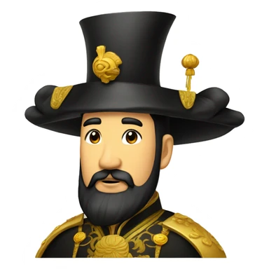 The Chinese emperor,with black hair and black beard,wore a high black golden hat  sticker