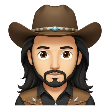 Cowboy with black long wavy hair, brown eyes, tan skin and light black goatee black shirt sticker