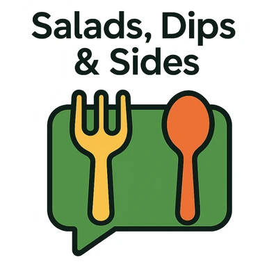 Add the title 'Salads, Dips & Sides' in a clean, modern font above the green playful logo with chat bubble and utensils on the cookbook background. Keep the text readable and harmonious with the design. sticker