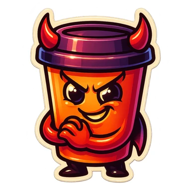 Tall coffee cup, devil horns, smirking, evil, rubbing hands together sticker