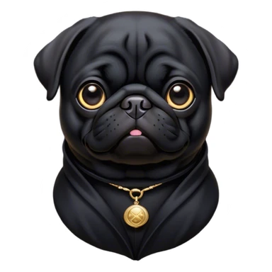 Cinematic Noble Black Pug Portrait Emoji, Poised and regal, with a compact, sturdy build and a sleek, shiny pure black coat, deep-set soulful dark eyes, Simplified yet sharp and sophisticated features, highly detailed, glowing with a soft, dignified glow, high shine, intelligent and spirited, stylized with an air of confidence, focused and attentive, soft glowing outline, capturing the essence of a watchful and commanding companion, so majestic it feels as though it could prance out of the screen with effortless authority! sticker