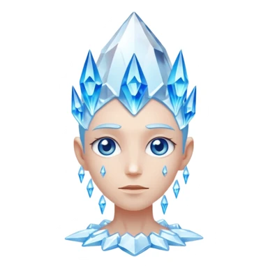 A single crystal character inspired by a clear quartz cluster, amorph base with many tall transparent crystal spikes growing upward all around it with a face sticker