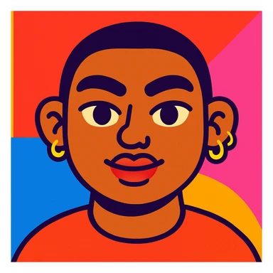 cute cartoon avatar of a person with a round face, big eyebrows, full lips, almond skin tone, wearing a nose pin and three ear piercings sticker