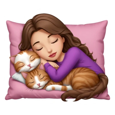 girl with long wavy brown hair, brown eyes, long lashes makeup, sexy pink lips, light to medium complexion,  sleeping on a cozy pillow, with brown tabby cat, sleeping sticker