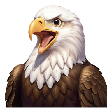 Cinematic Cute Yawning American Eagle Portrait Emoji, Head tilted slightly with a dramatic, wide-open yawn, showcasing a stately form with gently drooping feathers and sleepy, half-closed eyes, Simplified yet irresistibly adorable features, highly detailed, glowing with a soft, cozy majestic glow, high shine, relaxed yet expressive, stylized with a dash of whimsical aerial charm, soft glowing outline, capturing the essence of a drowsy yet affectionate American eagle that appears ready to stretch out for a nap! sticker