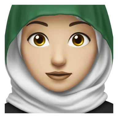 A pale girl with a black shayla hijab, and a white undercap. She has green eyes sticker