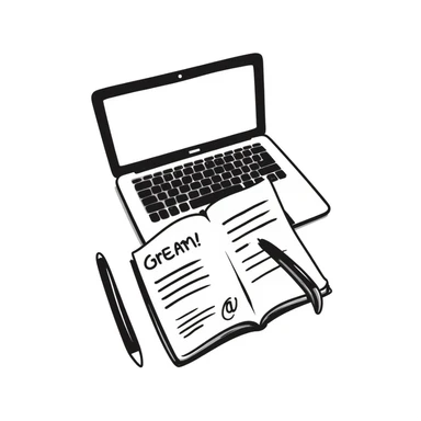 top view of a MacBook and a notebook with a pen nearby, notebook with visible notes sticker