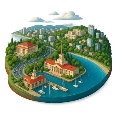 Изометричная, яркая, детализированная и фотореалистичная иллюстрация панорамы города Cочи на круглой подставке в стиле 3D-коллажей городов, ОДНО! здание Морского Порта, ОДИН! Зимний театр, санаторий Орджаникидзе, море чёткие линии, слегка мультяшная стилистика, прозрачный фон, не обрезать края картинки sticker