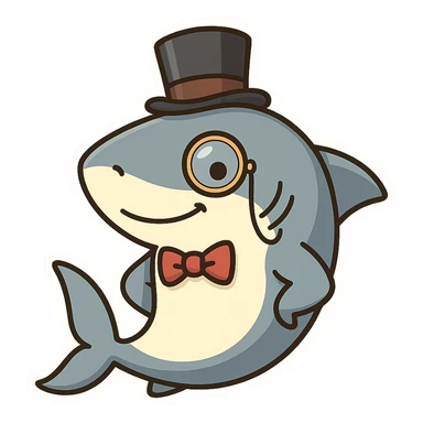 classy shark with a monocle and top hat, looking dapper, cartoon style sticker